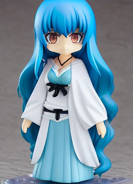 Image similar to nendoroid anime beautiful female witch, very long blue hair, detailed green eyes, pretty symmetrical face, fullbody, white robes blue skirt, anime, nendoroid,