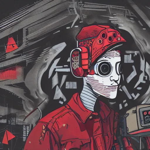 Image similar to in the style of max prentis and deathburger and laurie greasley a close up of a young explorer wearing a cyberpunk headpiece spraying graffiti on a wall, fish eye lens, highly detailed, 8 k wallpaper