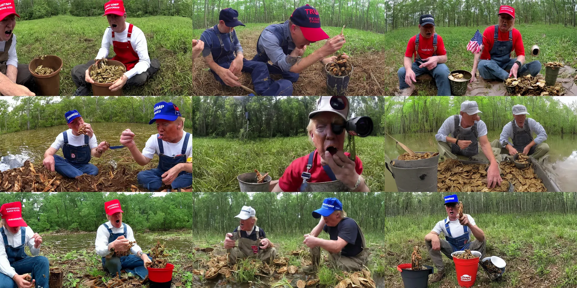 Prompt: trump eating crickets out of a bucket wearing overalls sitting in the middle of a swamp gopro footage