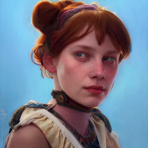 Prompt: portrait of pippi longstocking, looking at camera, intricate, extremely detailed, digital painting, artstation, concept art, smooth, ambient lighting, art by artgerm and greg rutkowski and alphonse mucha and simon stalenhag