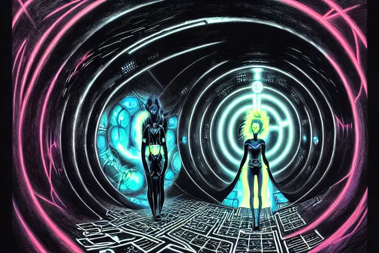 Prompt: a true hero on the run, sinking into madness, wrapped in black, clutching a hopespark-chakram in the drifting void hallways. Fantasy Tron sci-fi illustration, vibrant neon pastels painting, by Edvard Junjiito Picasso and Gustave Dore and Carl Critchlow