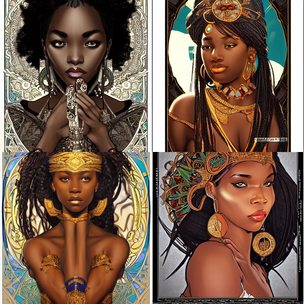 Prompt: black african princess, symmetric, highly detailed, artgerm, concept art, intricate, sharp focus, illustration, rutkowski, alphonse mucha