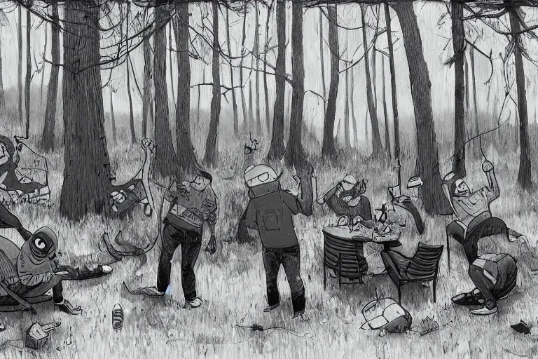 Image similar to mid - thirties guys binge drinking in a forest, in the style of simon stalenhag