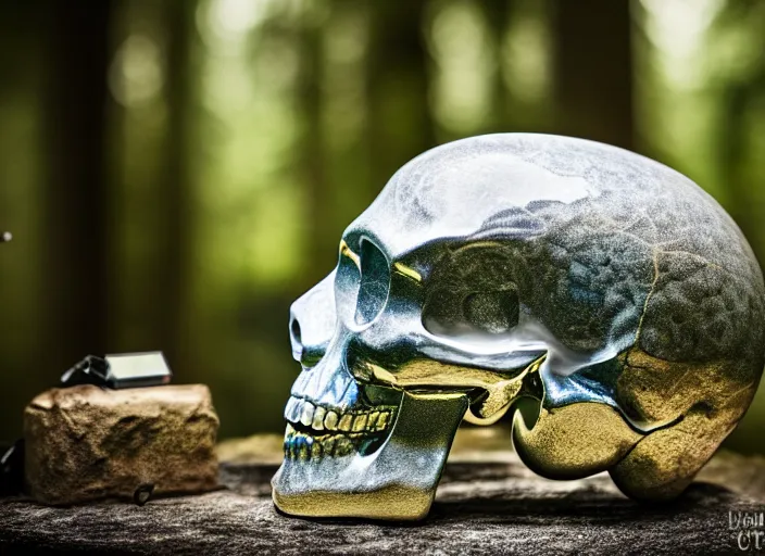 Prompt: crystal skull encased in a crystal box On a pedestal in ancient ruins in the forest. Fantasy horror style. Highly detailed 8k. Intricate. Nikon d850 55mm. Award winning photography.