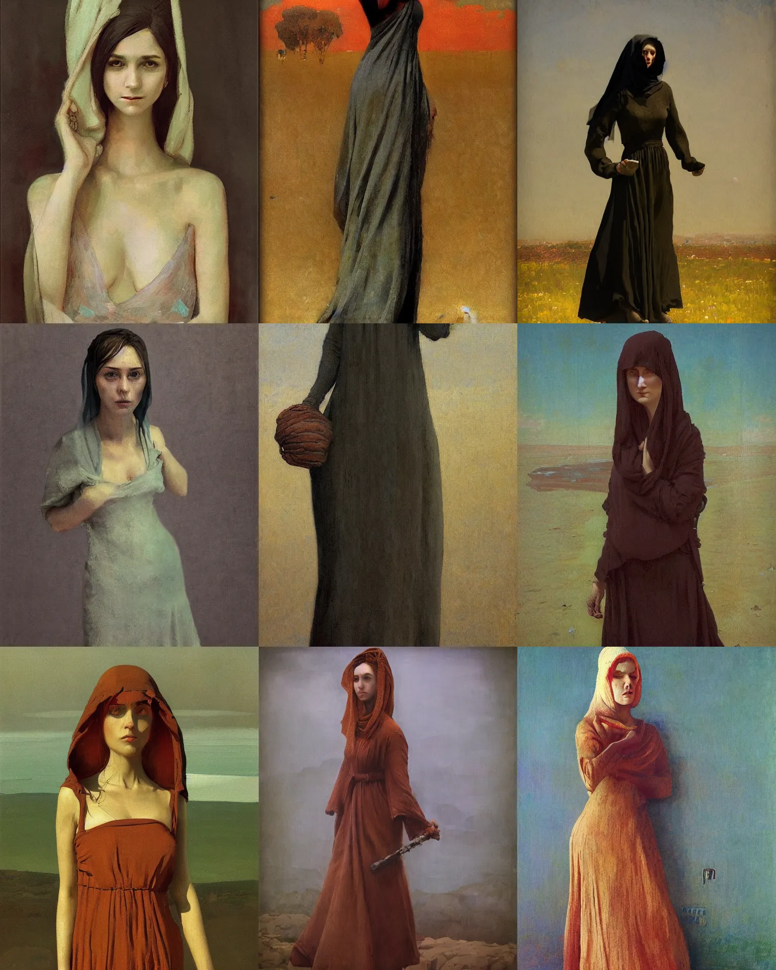 Prompt: woman portrait, female figure in maxi dress, rhads, modernism, low poly, industrial, vapor punk, barocco, Peredvizhniki, arkhip kuindzhi, ilya repin style and John Bauer style