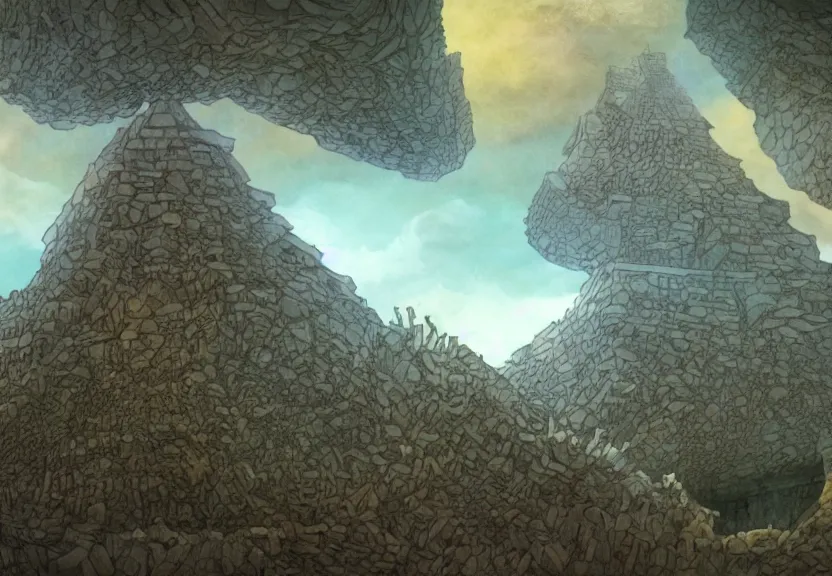 Image similar to a cell - shaded cartoon from howl's moving castle ( 2 0 0 4 ) showing several pyramids underwater at the bottom of the sea. shafts of sunlight come from above. wide shot, very dull muted colors, hd, 4 k, hq