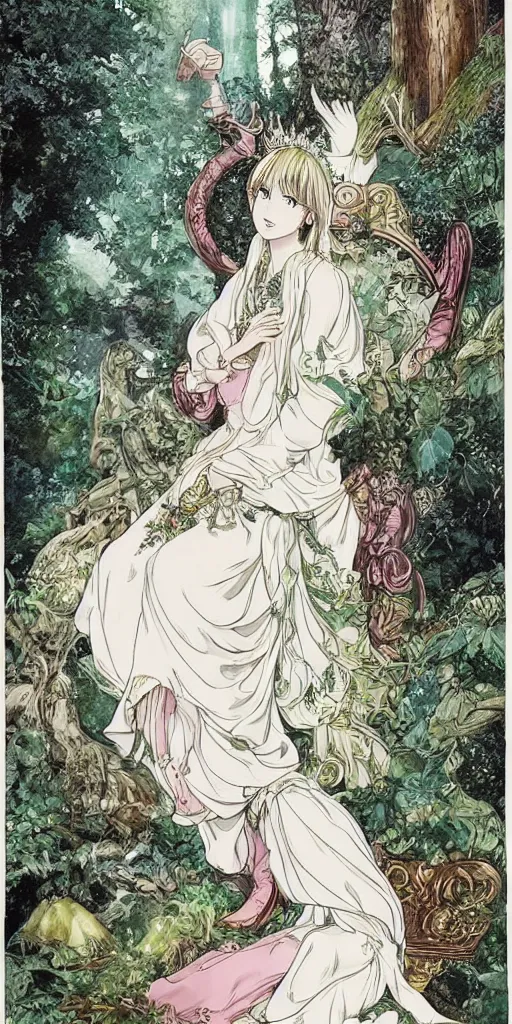 Prompt: an highly detailed magical empress sitting by herself on a sofa in a forest wearing a white robe drawn by cloverworks studio, elegant and beautiful, tarot card, Tarot card the empress, rich colors