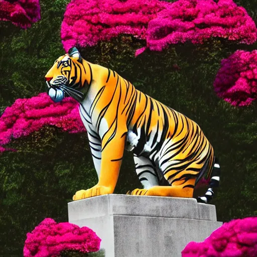 Image similar to a statue of a tiger [ fabricated with [ roses ]!! ], [ 4 k photorealism ]!!, best of unsplash, trending on unsplash, unsplash contest winner