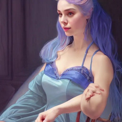 Image similar to portrait of ballerina wearing satin nightgown, blue hair, attractive, casual, modern, victoria's secret, highly detailed, digital painting, artstation, concept art, smooth, sharp focus, illustration, art by artgerm, greg rutkowski and alphonse mucha