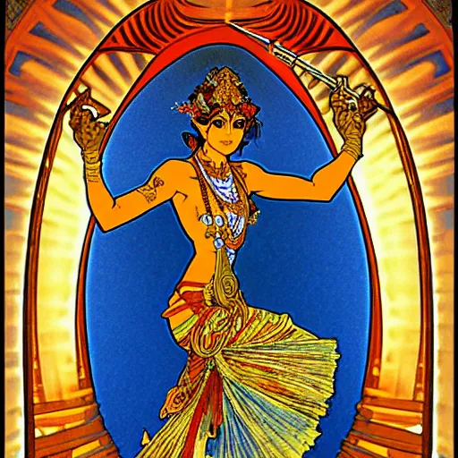 Image similar to hindu goddess of firespinning, by alphonse mucha, burning man, fire poi, fire staff, tesseract, intricate