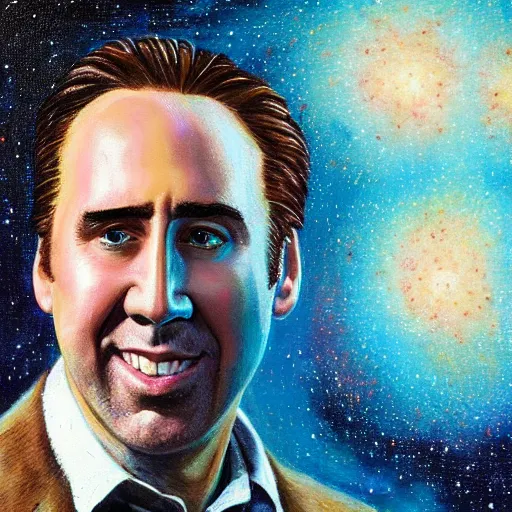 Image similar to nicholas cage amazed expression, cosmic starfield background oil painting masterwork trending on artstation