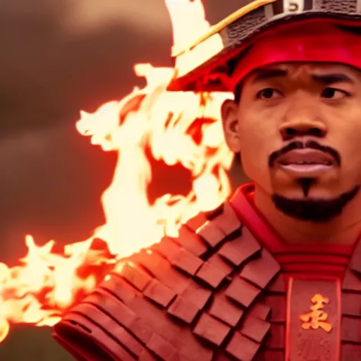 Image similar to cinematic film still of Chance The Rapper starring as a Samurai holding fire, Japanese CGI, VFX, 2022, 40mm lens, shallow depth of field, film photography