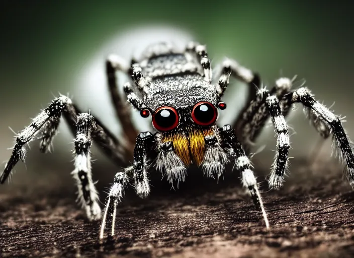 Image similar to super macro of a crystal spider with big eyes sitting on a flower, in the forest. Fantasy magic style. Highly detailed 8k. Intricate. Nikon d850 300mm. Award winning photography.