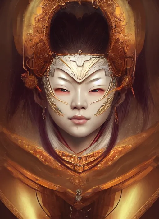 Image similar to a beautiful detailed oil on copper art illustration of a japanese basara mask woman, centered, by charlie bowater, zeng fanzh, trending on artstation, dim dusk lighting, cinematic lighting, detailed lighting, volumetric lighting, realistic, f 8, 4 k hd wallpaper