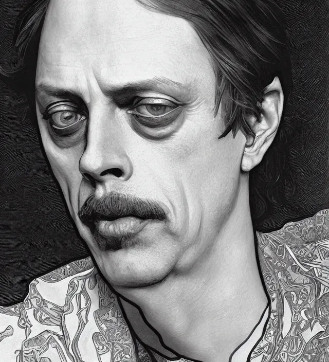 Image similar to detailed closeup portrait of steve buscemi by alphonse mucha, ayami kojima, yoshitaka amano