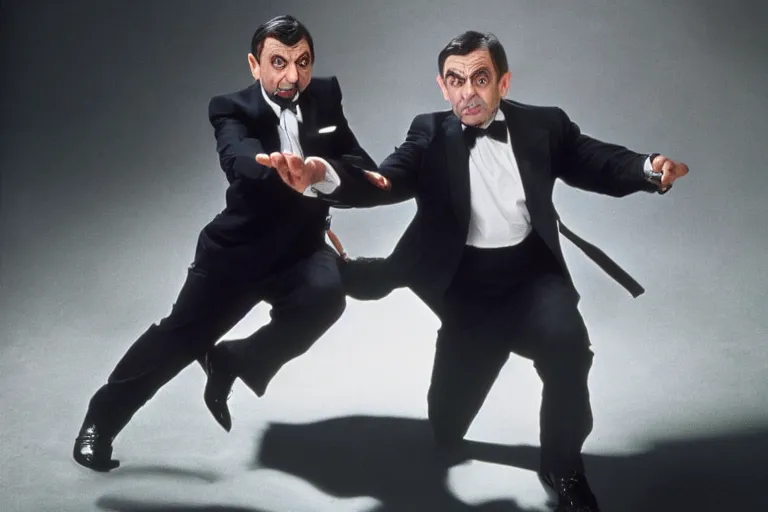 Image similar to mr bean from 1 9 9 0 s as james bond in an action scene fighting a villain, professional photography, 8 k, cinematic