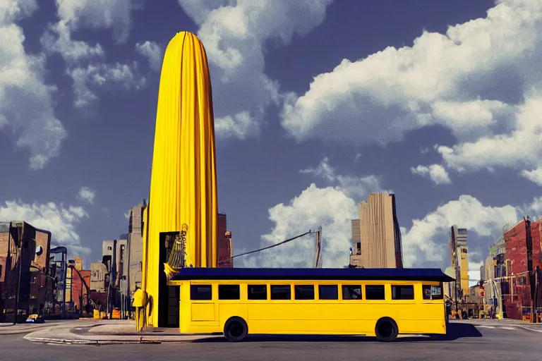 Image similar to Yellow school bus, a red japanese Torii gate, New York location in USA, atomic bomb dropping from the sky, ray tracing, high detail, 4K