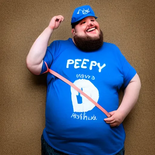 Image similar to very obese man with a t-shirt and a cap with the letter P, dedicating a book