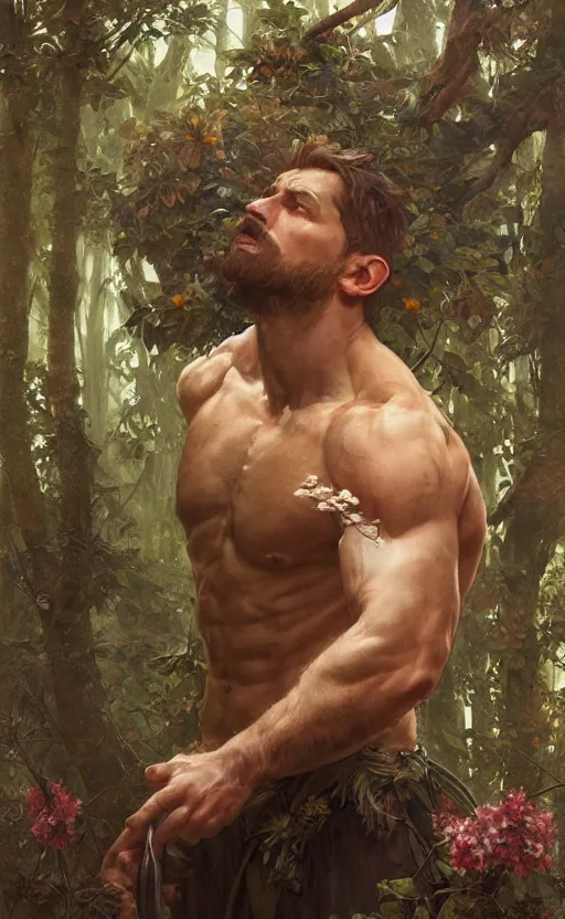 Image similar to god of the forest, 3 0 years old, rugged handsome, male, gorgeous, detailed face, clean lines, cinematic light, amazing, full body, flowers, muscular, intricate, highly detailed, digital painting, artstation, concept art, sharp focus, illustration, art by greg rutkowski and alphonse mucha