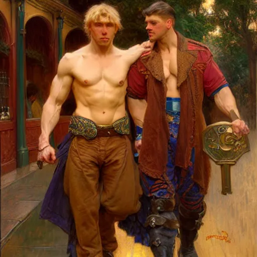 Image similar to attractive muscular arthur pendragon and muscular attractive merlin go to a pub together to have some drinks. highly detailed painting by gaston bussiere, craig mullins, j. c. leyendecker, alphonse mucha 8 k