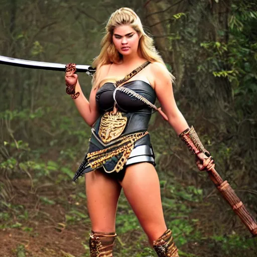 Image similar to full body photo of kate upton as a amazon warrior with weapons