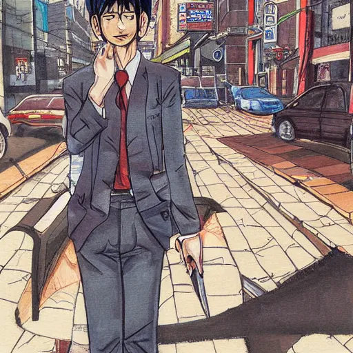 Prompt: a beautiful painting of chainsaw man posing on city street by tatsuki fujimoto, detailed line art, chainsaw man manga