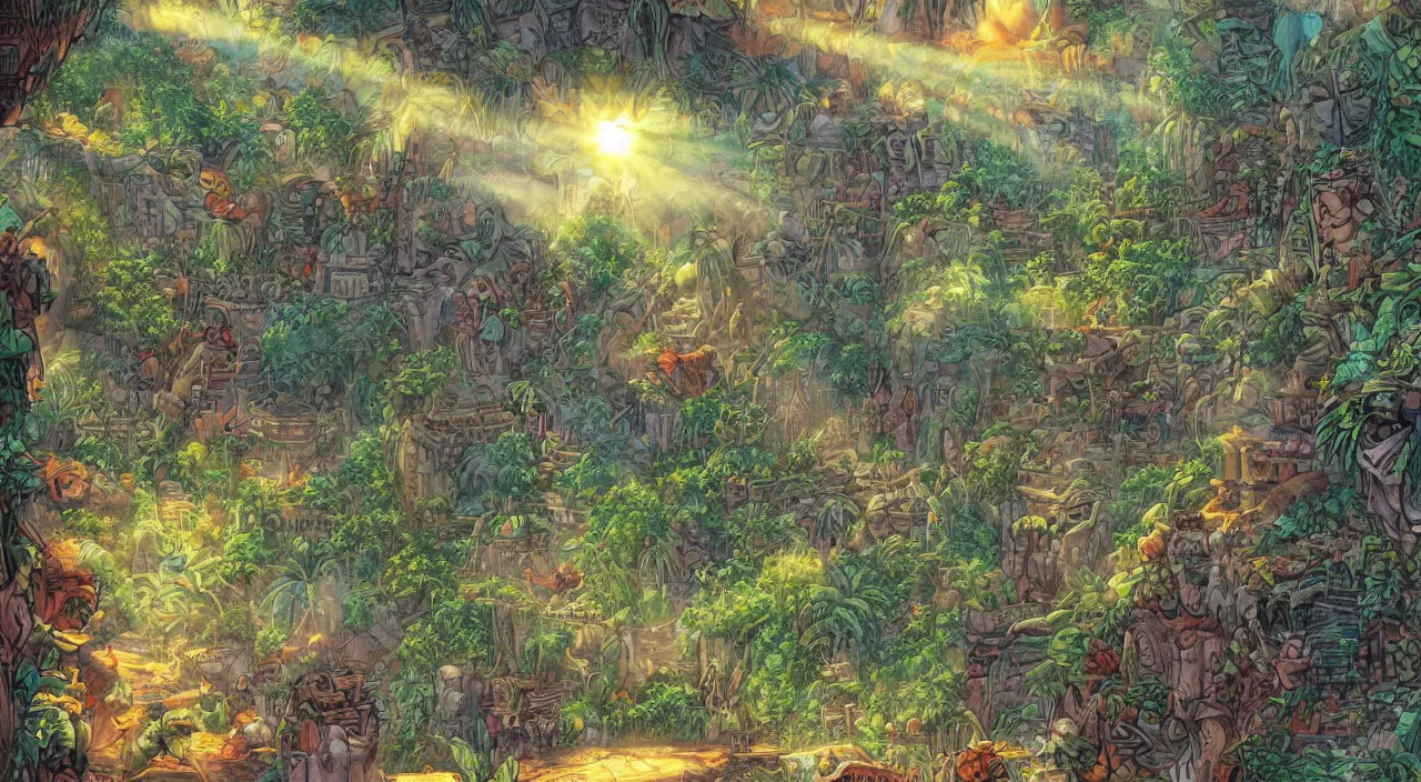 Image similar to marketplace fabric jungle dirt wall fortress a spectacular view cinematic rays of sunlight comic book illustration, by john kirby