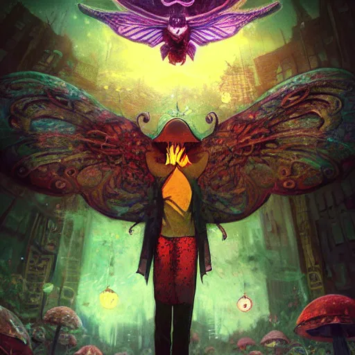 Image similar to 8K centered headshot Portrait of a psychedelic godlike mothman with giant mandala wings smoking a hand-rolled cigarette smoking heavily , magic mushroom village in background , post-processing , award winning. superb resolution. in the art style of Satoshi Kon and Greg Rutkowski . Detailed Mushroom city in background. Hyper realistic anime. Perfect art. Dalle2