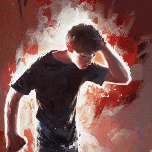 Prompt: a teenage boy with a slouch and acne looking extremely angry. Snarling. Balling fists. By Craig Mullins. Jordan Grimmer.