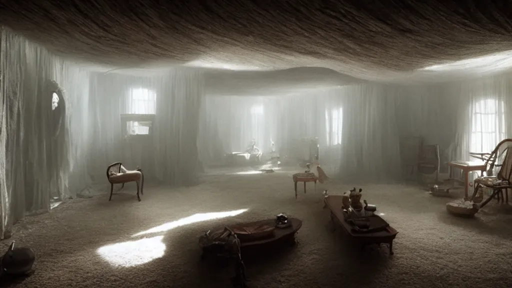 Image similar to inside the upside down house, film still from the movie directed by denis villeneuve with art direction by salvador dali, wide lens