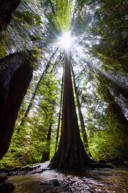 Prompt: In some of the column carved with Norse gods there is a huge glowing redwood, light filtering through the gaps in the leaves, Sparkling in the flowing creek, Tyndall effect, hone finished, national geographic, 8K, hyper detailed, crepuscular ray, low angle, superwide shot, lunapunk