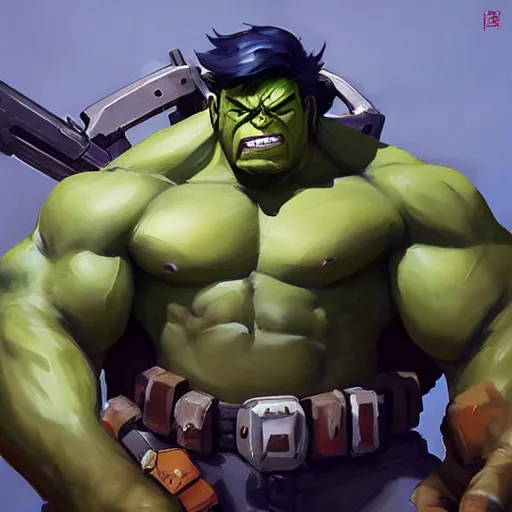 Image similar to greg manchess portrait painting of armed mega shonen hulk as overwatch character, medium shot, asymmetrical, profile picture, organic painting, sunny day, matte painting, bold shapes, hard edges, street art, trending on artstation, by huang guangjian and gil elvgren and sachin teng