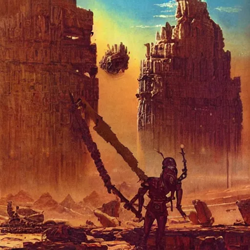 Image similar to sardaukar warrior in mars ancient ruins, vintage sci - fi art, by bruce pennington