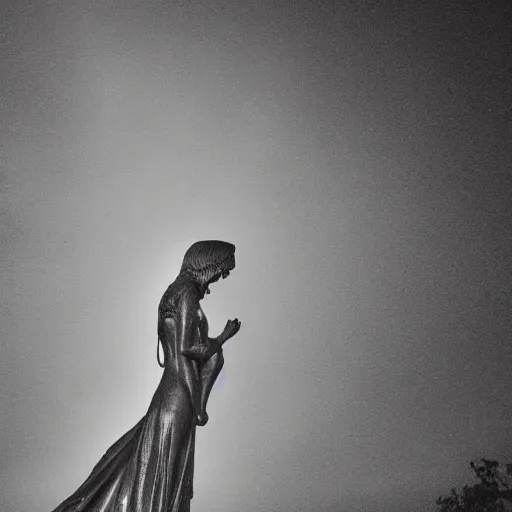 Image similar to sculp of Cleopatra on the rain, faith, full body, low angle, night, surrounded by smoke, shadows, award winning photography