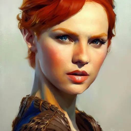 Image similar to greg manchess portrait painting of ginger beautiful woman as dragon age character, medium shot, asymmetrical, profile picture, organic painting, sunny day, matte painting, bold shapes, hard edges, street art, trending on artstation, by huang guangjian and gil elvgren and sachin teng