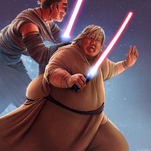 Image similar to highly detailed portrait of morbidly obese jedi fighting a sith, illustration, trending on artstation