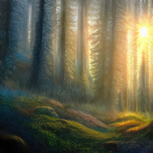 Prompt: detailed fantasy painting of a boreal forest at dawn ultra realistic , lens flare, atmosphere, glow, detailed, intricate, full of colour, cinematic lighting, trending on artstation, 4k, hyperrealistic, focused, extreme details, cinematic, masterpiece