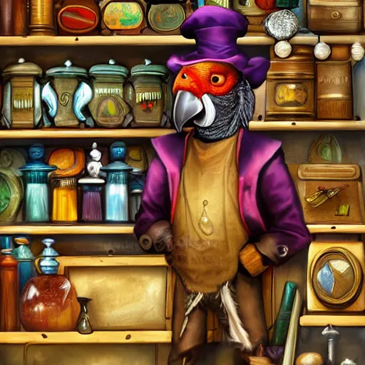 Image similar to Anthropomorphized parrot trader in his shop, shelves full, selling a gem, portrait, items, magic potions, carpet, window, fancy funny hat, sly expression , cunning expression, cute expression, presenting magic gem, D&D, fantasy, cinematic lighting, highly detailed, digital painting, artstation, concept art, smooth, sharp focus, illustration, warm light, cozy warm tint, magic the gathering artwork, volumetric lighting, 8k, no gold, no gold colours, art by Akihiko Yoshida, Greg Rutkowski