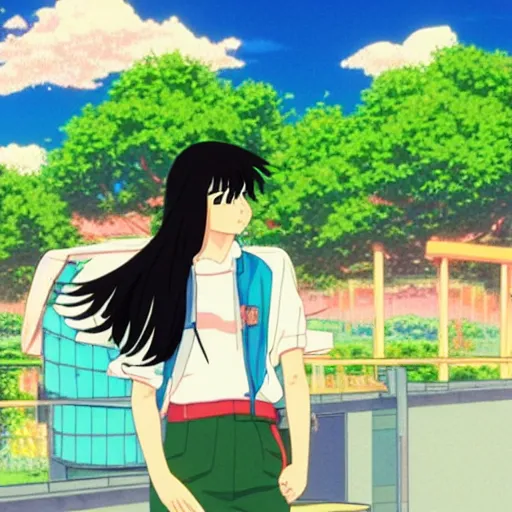 Image similar to woman watching a plane fly away in sunset, sprite, vaporwave nostalgia, directed by beat takeshi, visual novel cg, 8 0 s anime vibe, kimagure orange road, maison ikkoku, sketch by osamu tezuka, directed by makoto shinkai and beat takeshi