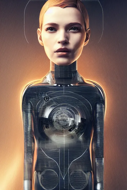 Prompt: full figure portrait of a female android made of chrome and woodgrain, lean sleek styling, feminine curves, reflective, inscribed etched with gnostic runes, by jessica rossier