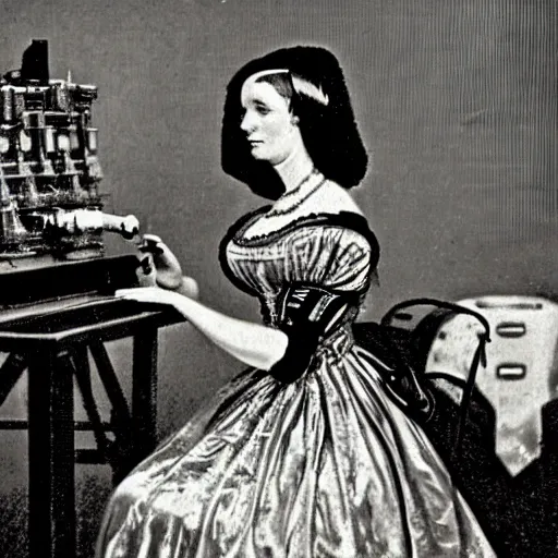 Prompt: cyborg Ada Lovelace programming the Analytical Engine, 1843 photo