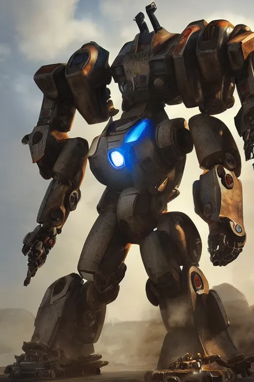 Image similar to mechwarrior 5 : mercenaries mech megaman transformer robot boss tank engine game octane render, 4 k, hd 2 0 2 2 3 d cgi rtx hdr style chrome reflexion glow fanart, global illumination ray tracing hdr fanart arstation by ian pesty by jesper ejsing pixar and disney unreal zbrush central hardmesh