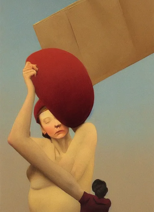 Prompt: woman flying with a paper bag over the head and a sward Edward Hopper and James Gilleard, Zdzislaw Beksinski, Steven Outram highly detailed