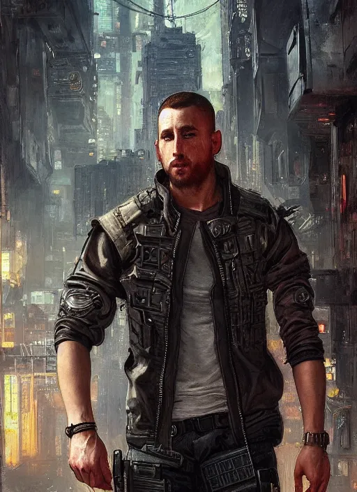 Image similar to 🏋♂ cyberpunk mercenary in a military vest ( blade runner 2 0 4 9, cyberpunk 2 0 7 7 ). orientalist portrait by john william waterhouse and james gurney and theodore ralli and nasreddine dinet, oil on canvas. cinematic, hyper realism, realistic proportions, dramatic lighting, high detail 4 k