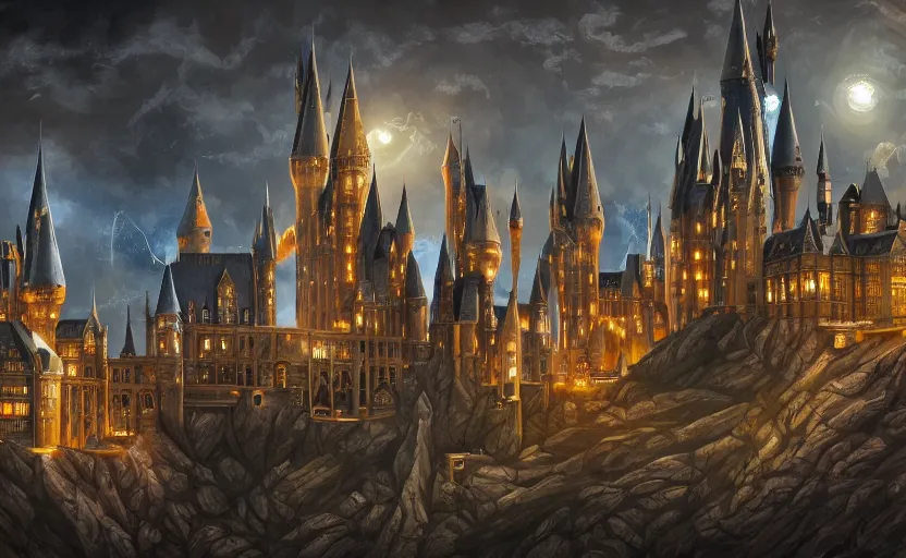 Image similar to a super detailed beautiful painting of futaristic hogwarts by shaddy safadi, 8 k, blue hue, warm lighting, cyberpunk trending on artstation