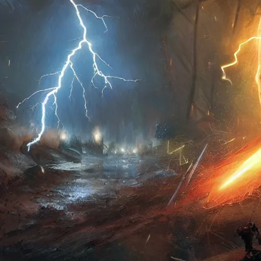 Prompt: a young slender man with short blonde hair blasting lightning bolts from his fingertips at his enemy in battle. detailed matte painting. masterpiece. 4 k. fantasy art. by craig mullins. franzetta. repin