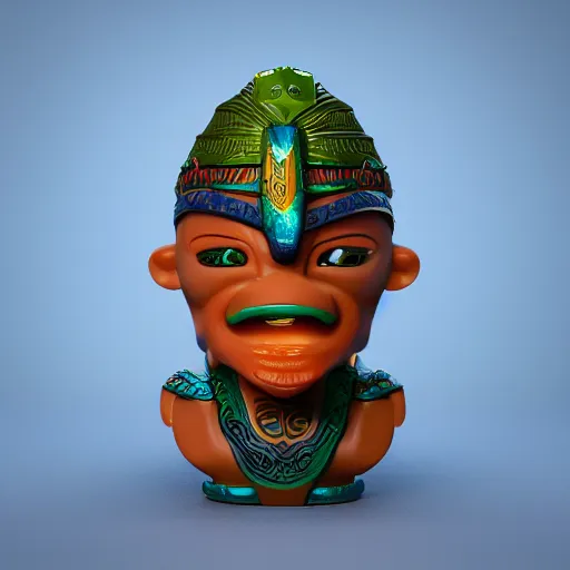 Prompt: closeup 3 d toy maori god as funco toy, plastic, sss, octane 4 k render, studio lighting, artstation, cyan photographic backdrop, 1 0 5 mm, f 2. 8 aperture