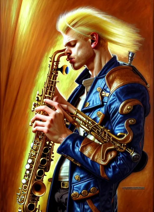 Image similar to portrait of a blond man playing sax, warhammer 40000, cyberpunk, intricate, highly detailed, digital painting, artstation, concept art, smooth, sharp focus, illustration, art by Amano and Karol_Bak and artgerm and greg rutkowski and alphonse mucha and Gustav Klimt and Kojima