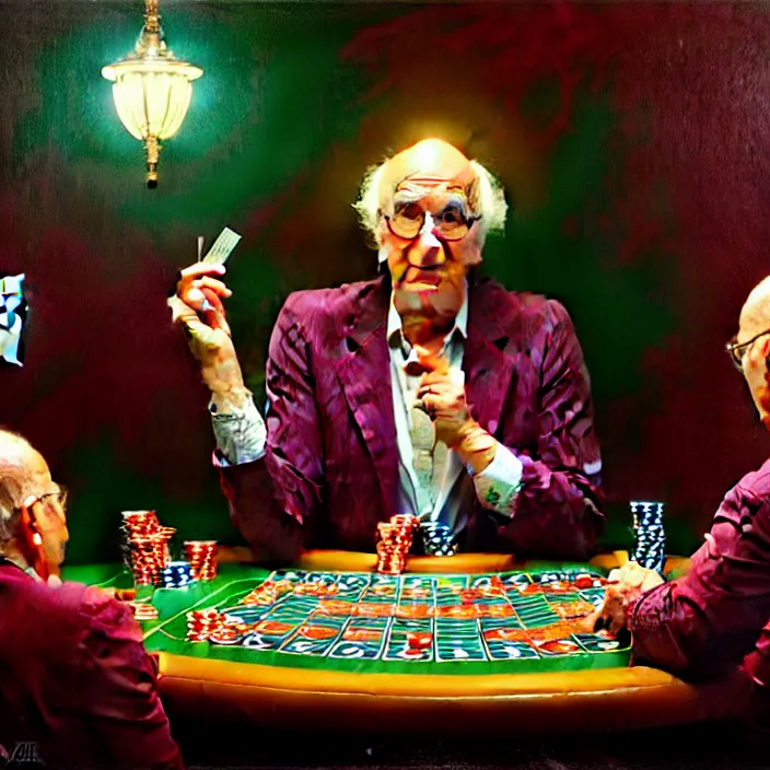 Prompt: bright psychedelic portrait of larry david playing poker, diffuse lighting, fantasy, intricate, elegant, highly detailed, lifelike, photorealistic, digital painting, artstation, illustration, concept art, smooth, sharp focus, art by John Collier and Albert Aublet and Krenz Cushart and Artem Demura and Alphonse Mucha