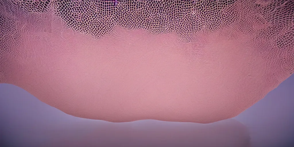 Image similar to white honeycomb organic building by ernesto neto, light - mint with light - pink color, 4 k, insanely quality, highly detailed, film still from the movie directed by denis villeneuve with art direction by zdzisław beksinski, telephoto lens, shallow depth of field